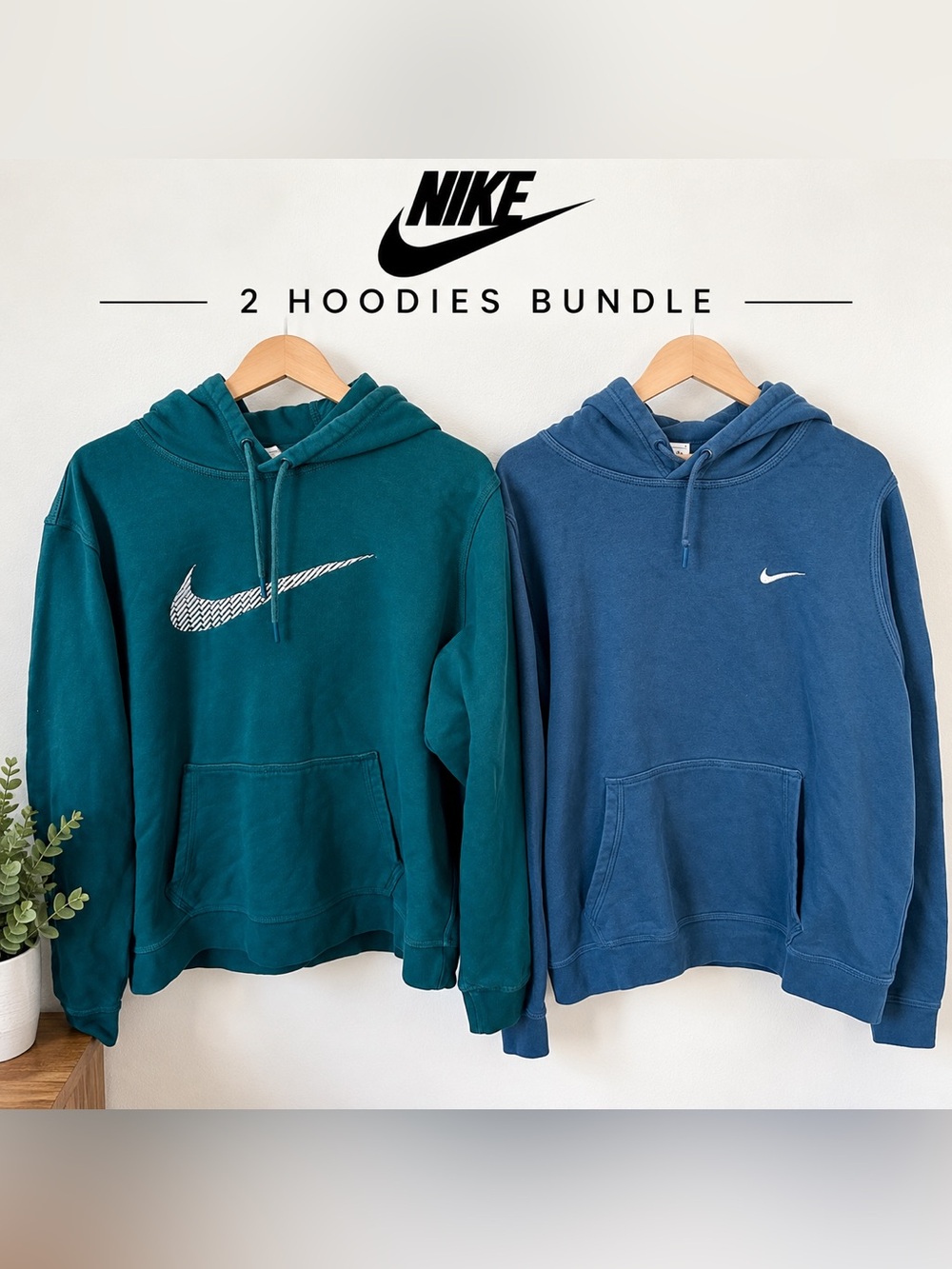 Nike Men’s Large Hoodie Bundle | 2 Pullover Sweatshirts Blue Teal Swoosh